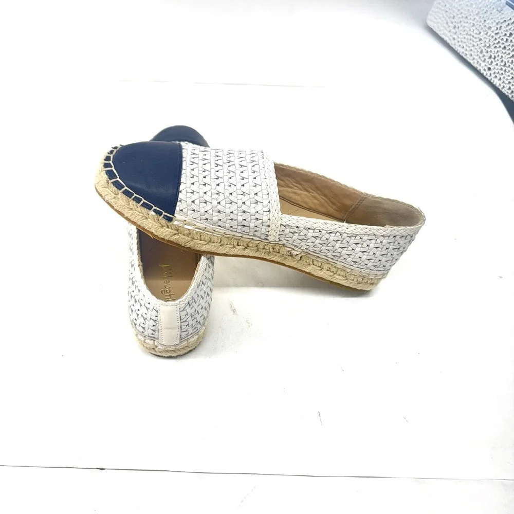 J. Mclaughlin Womens Espadrille Flat Leather Braided Slip Ons White & Navy 7M